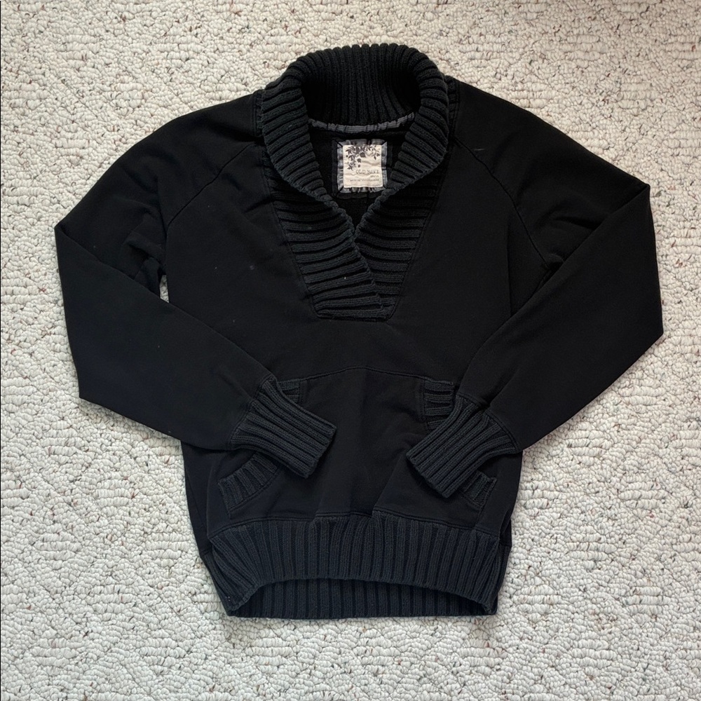 Old Navy Black Casual Long Sleeve Knit Sweater w/ Kangaroo Pocket & Shawl Collar
